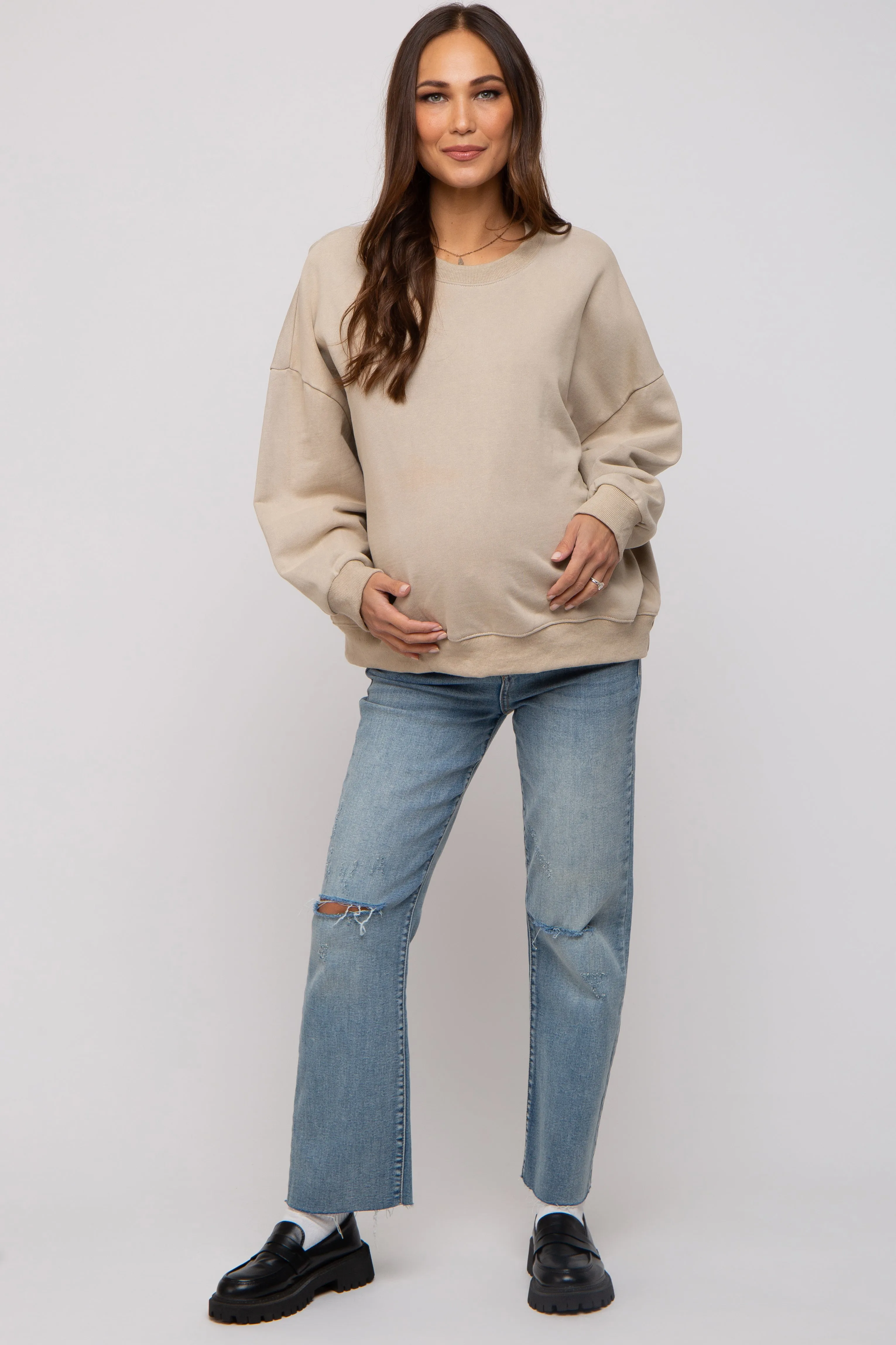 Beige Dropped Shoulder Maternity Sweatshirt