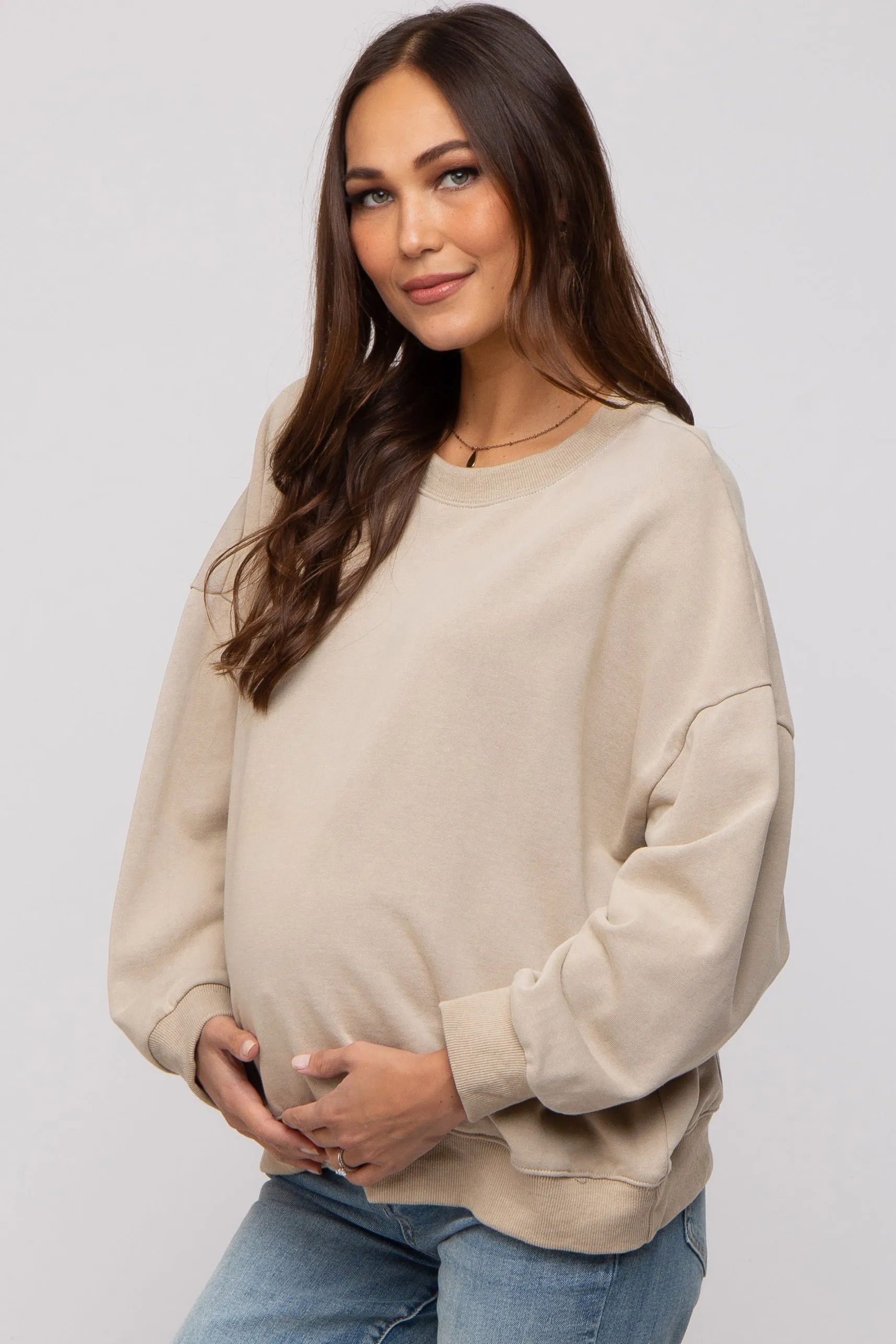 Beige Dropped Shoulder Maternity Sweatshirt