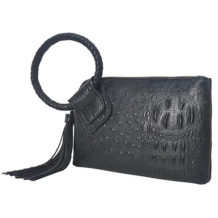 Black NGIL Textured Fashion Faux Leather Mini Purse With Fringe Tassel