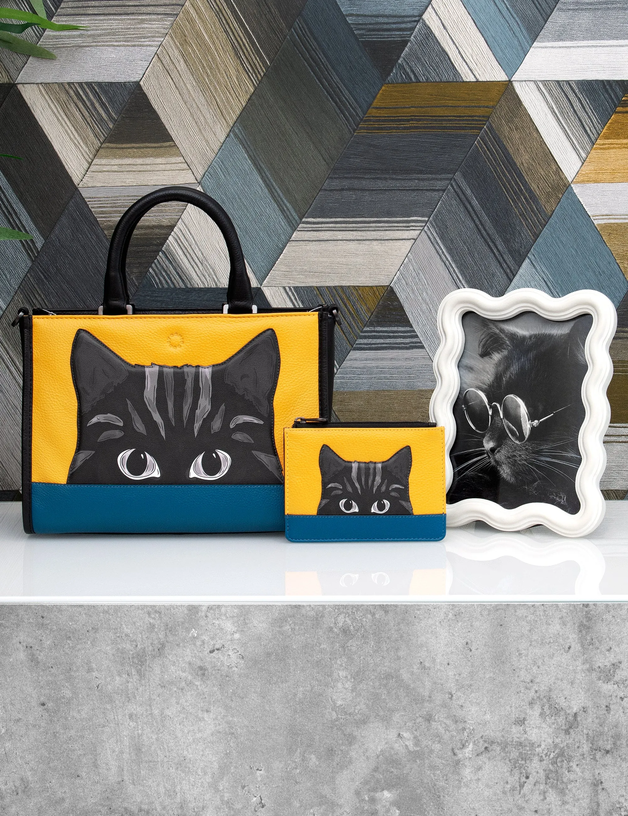 Cat Colour Block Leather Zip Top Purse