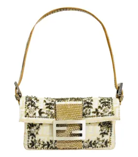 Fendi Bead Embroidered Canvas & Snakeskin 'FF' Logo Baguette Bag