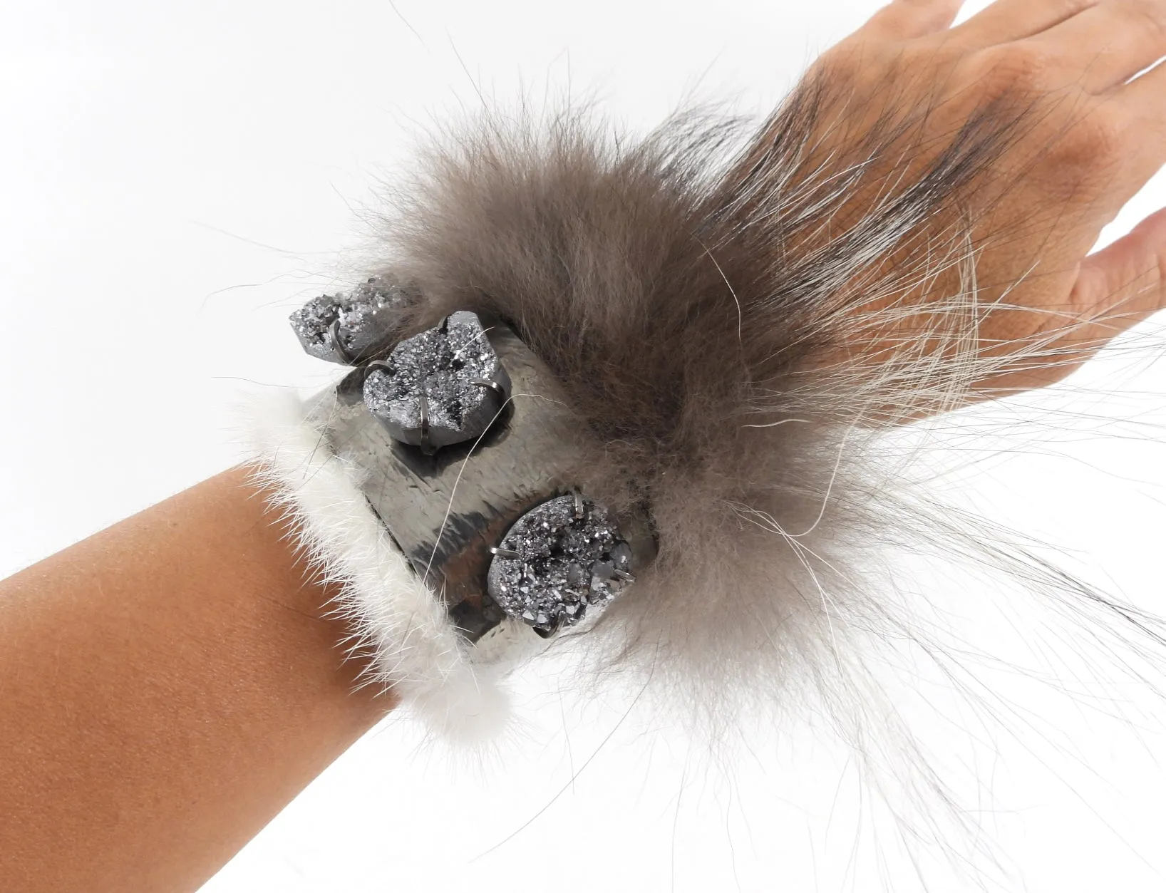 Fendi Silver Fox Fur Druzy Quartz Cuff Bracelet