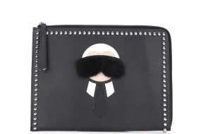 FENDI STUDDED KARLITO CLUTCH 30CM (8M0370 1697032) BLACK LEATHER SILVER HARDWARE, WITH CARD & DUST COVER