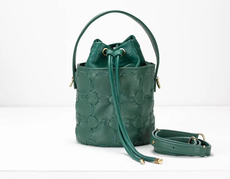 Helon mini bucket bag - Handwoven petrol green leather