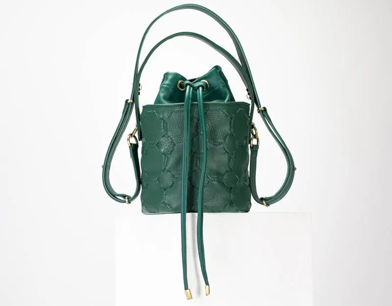 Helon mini bucket bag - Handwoven petrol green leather