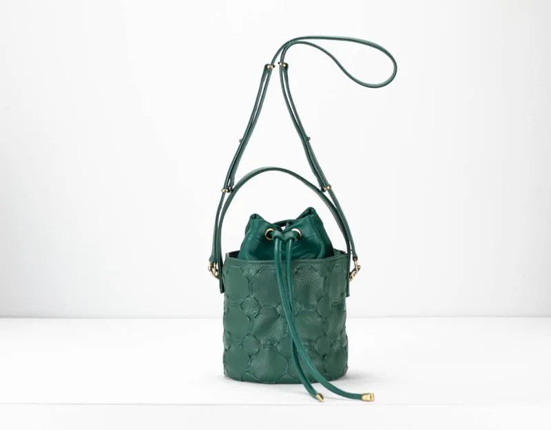 Helon mini bucket bag - Handwoven petrol green leather