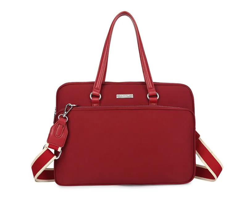 LIGHTWEIGHT BURGUNDY MULTI COMPARTMENT LAPTOP HANDBAG WITH LONG SHOULDER STRAP