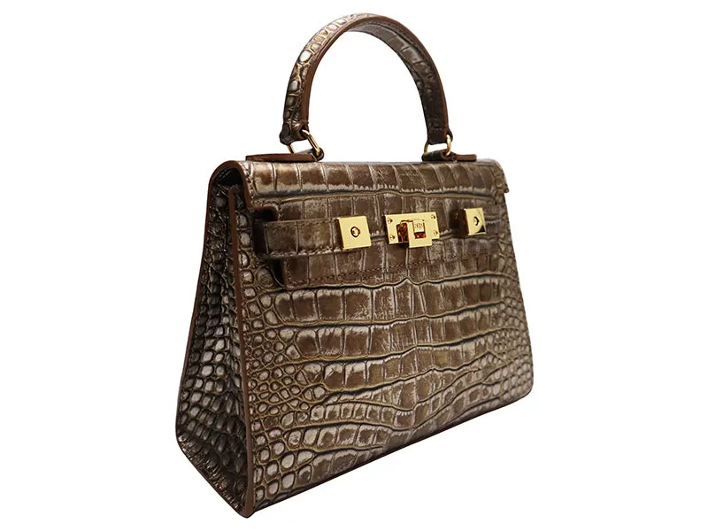 Maya Midi Orinoco 'Croc' Print Calf Leather Handbag - Bronze