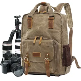 Waxed Canvas Camera Backpack, Photographer SLR Camera Bag, 15'' Laptop Backpack