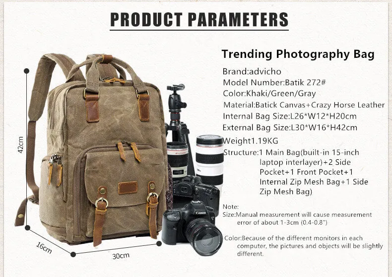 Waxed Canvas Camera Backpack, Photographer SLR Camera Bag, 15'' Laptop Backpack